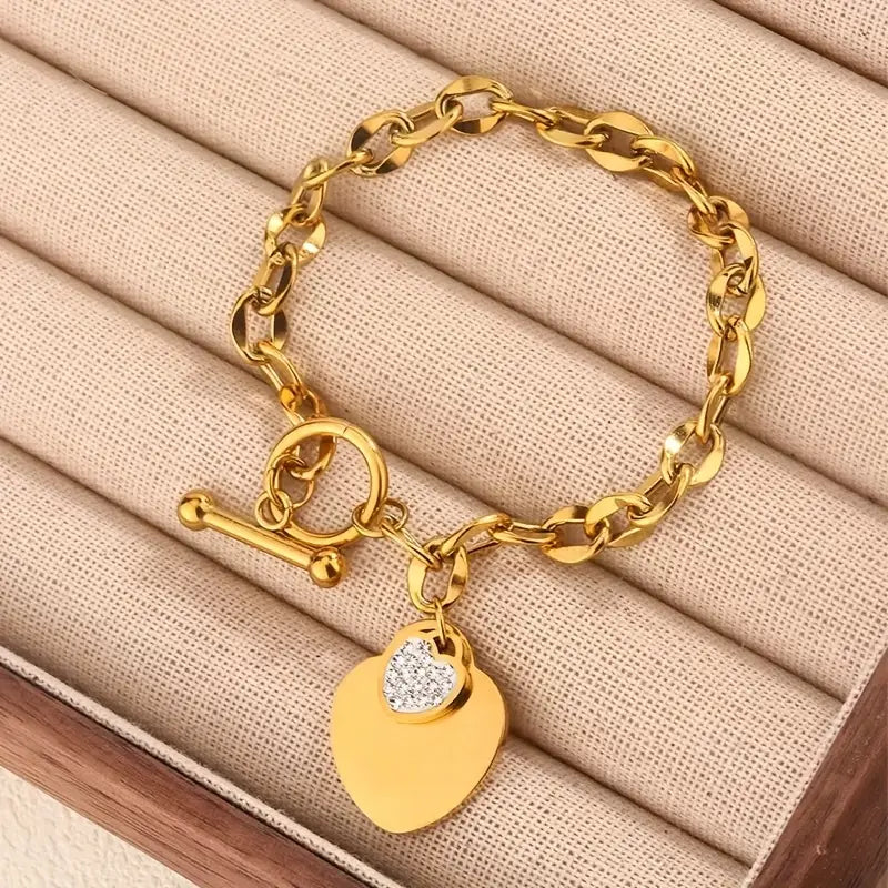 Stylish Golden-Tone Stainless Steel Love Heart Pendant Bracelet