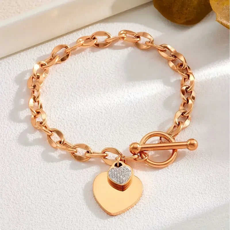 Stylish Golden-Tone Stainless Steel Love Heart Pendant Bracelet