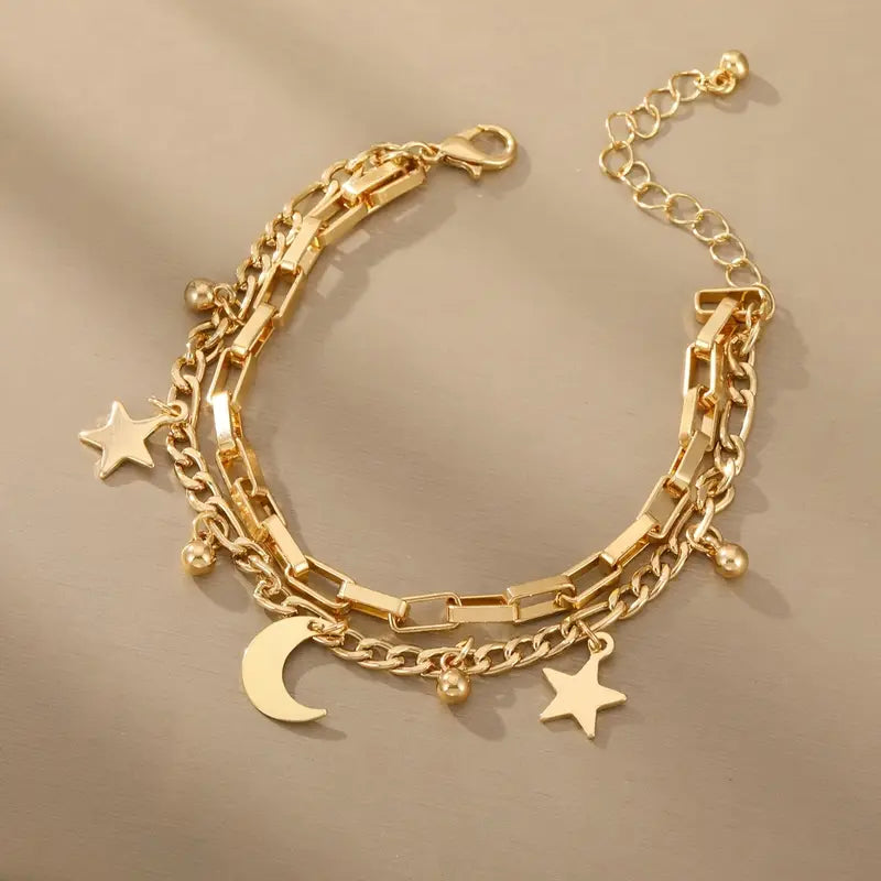 Star & Moon Double Layer Chain Bracelet
