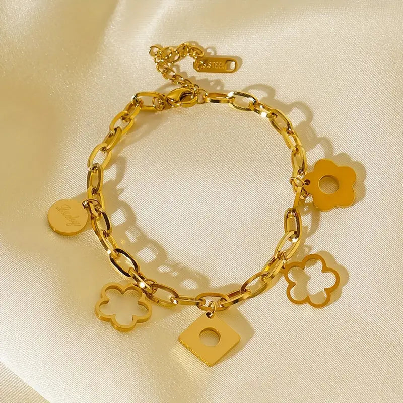 Stainless Steel Cuban Chain Bracelet with Floral Pendant