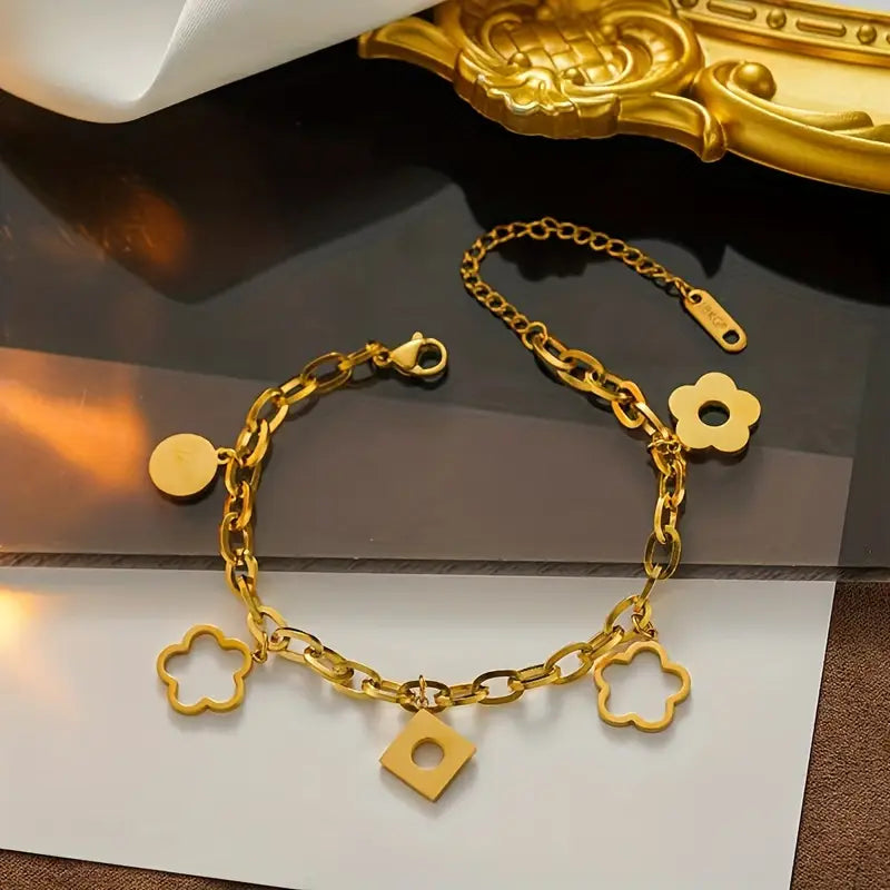 Stainless Steel Cuban Chain Bracelet with Floral Pendant