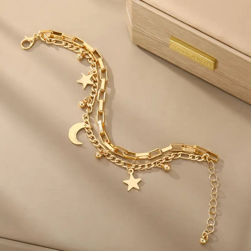 Star & Moon Double Layer Chain Bracelet