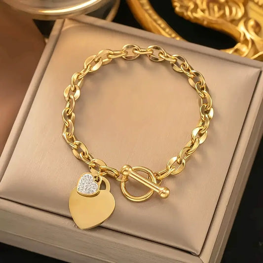 Stylish Golden-Tone Stainless Steel Love Heart Pendant Bracelet