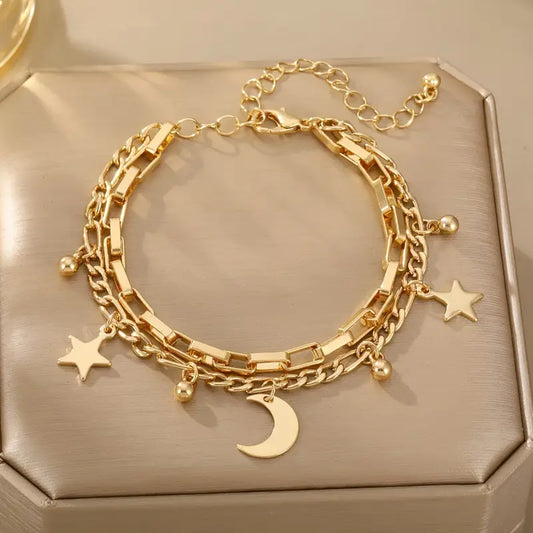 Star & Moon Double Layer Chain Bracelet