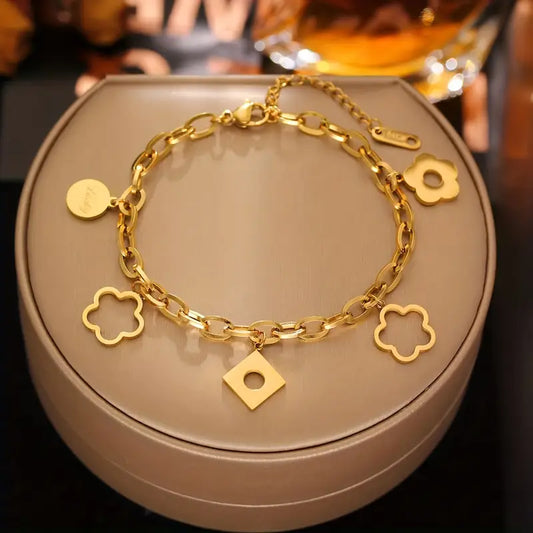 Stainless Steel Cuban Chain Bracelet with Floral Pendant